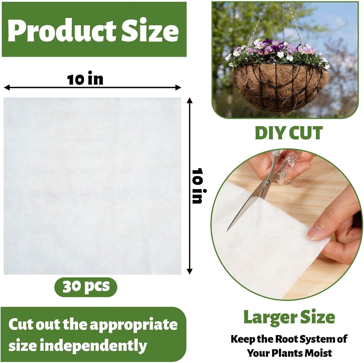Premium Felt Plant Liners by [Brand Name] - Self-Watering Hanging Basket Liners, 10x10 Inch, 30-Pack for Optimal Water Retention & Drainage