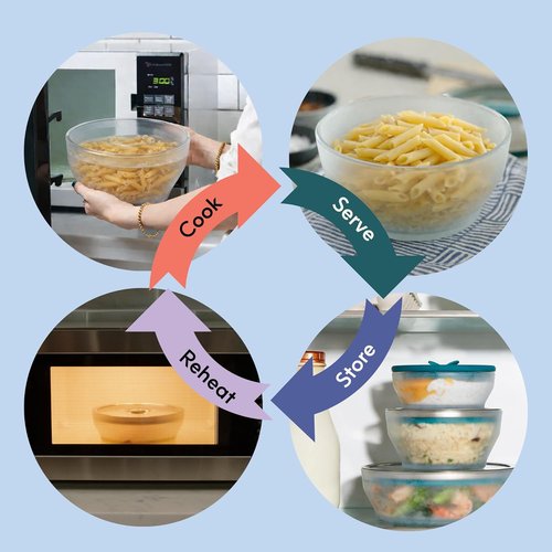 Anyday 8 Cup Glass Microwave Pasta Cooker - BPA Free & Plastic Free | Stackable Airtight Nontoxic Storage Container with Vented Lid (Kale)