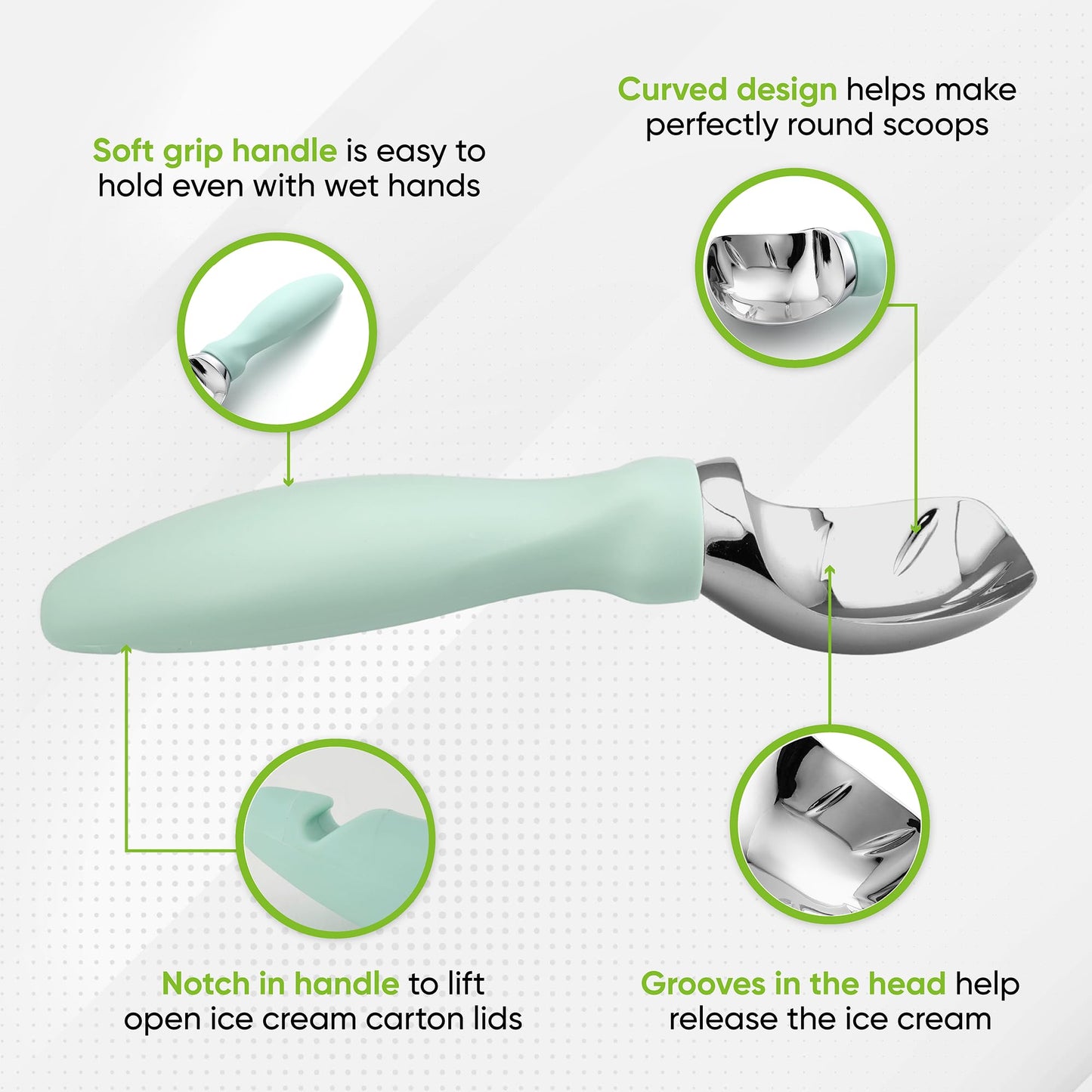 Spring Chef Heavy Duty Ice Cream Scoop with Comfortable Handle, Premium Ice Cream Scooper for Cookie Dough, Frozen Yogurt, Gelato, Sorbet, Melon - Dishwasher Safe Kitchen Tools - 2 Pack - Mint