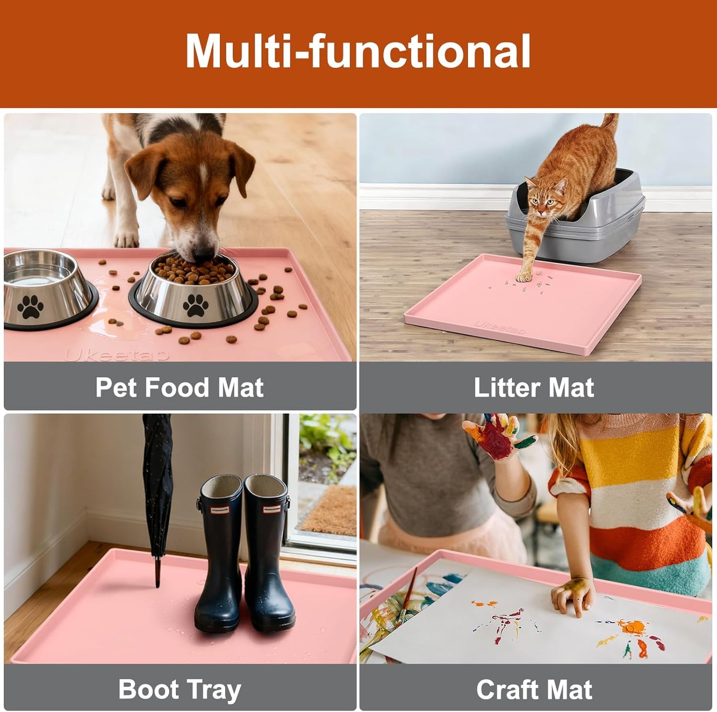 Ukeetap Extra Thick Silicone Mat - Waterproof Under Sink Mat 22" x 19" for Kitchen & Bathroom | Pink