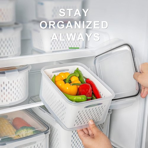 Freshmage Fruit Storage Containers - Airtight Produce Saver with Removable Colander | 4-Piece Set, Clear