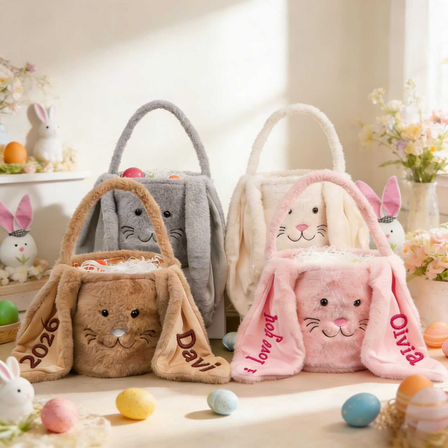 Personalized Easter Baskets for Kids, Custom Bunny Plush Bag with Name for Boys & Girls Spring Egg Hunt Tote with Long Plush Ear, Easter Gift Basket Decor Christmas Birthday Gifts