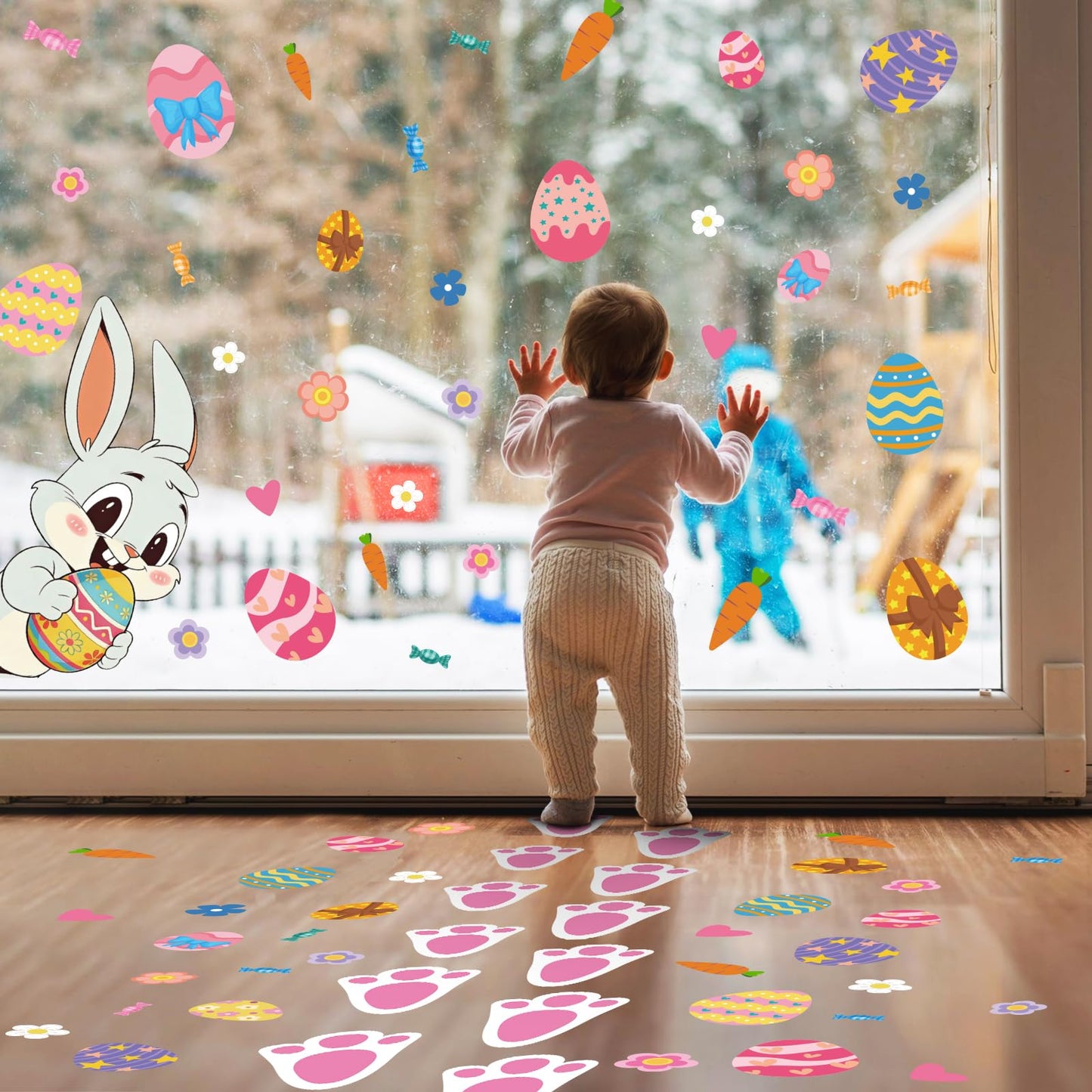 GULWAT 299 PCS Easter Bunny Footprints Stickers for Floor, Cute Rabbit Footprints for Easter Hunting Games Bunny Paw Prints Floor Decals Clings Flower Carrot Holiday Party Home Wall Window Decorations