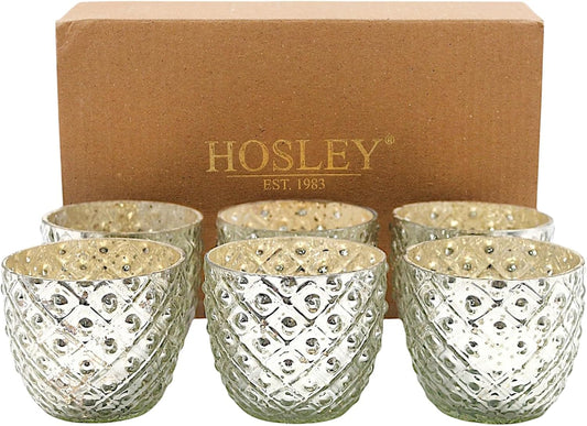Antique Silver Glass Votive Tealight Candle Holders - Set of 6, 2.75" Diameter for Weddings & Events