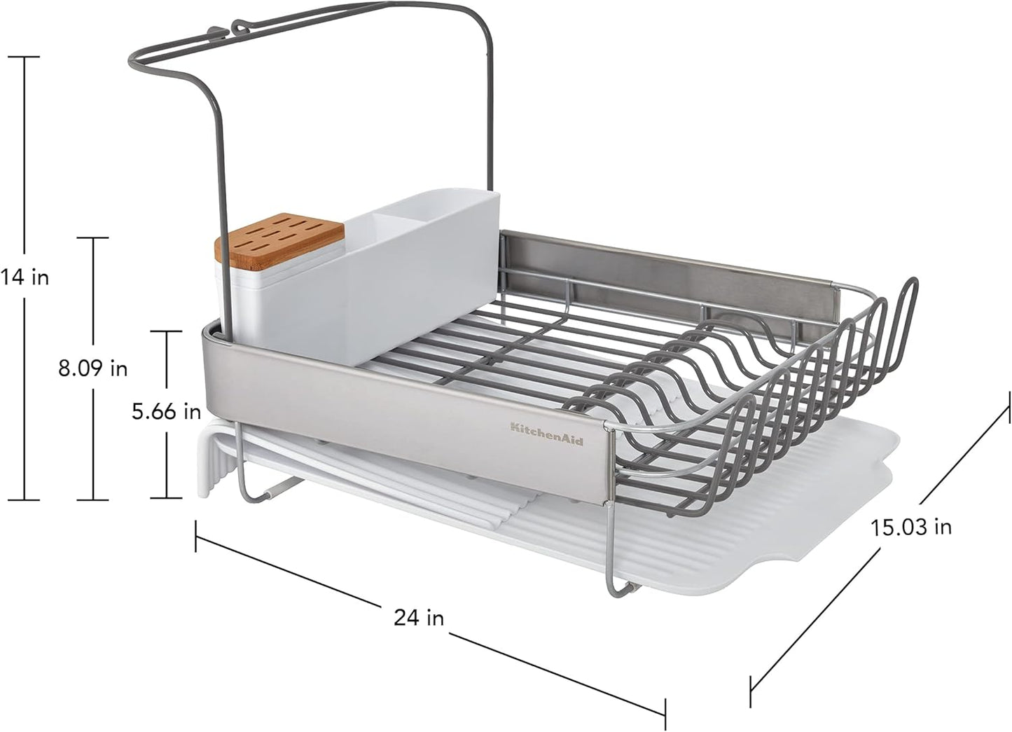 KitchenAid Expandable Dish Rack - Rust Resistant with Self-Draining Angled Drainboard | 24-Inch, White