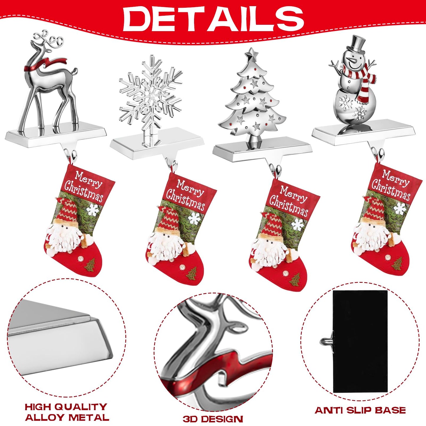 GUOER 4 Pack Snowflake Christmas Stocking Holder Set for Mantle Christmas Decorations Holiday Mantle Fireplace Topper - Snowflake Snowman Reindeer and Christmas Tree Hangers Decorative Metal Hanger