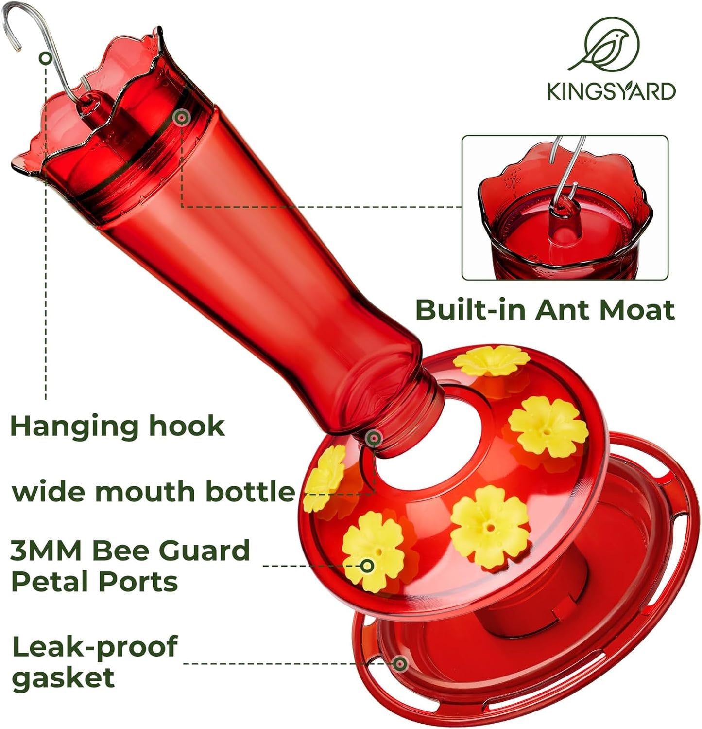 Kingsyard Glass Hummingbird Feeder - 14 oz Leak-Proof Design with Ant Moat & Bee-Proof Ports | 2-Pack Red