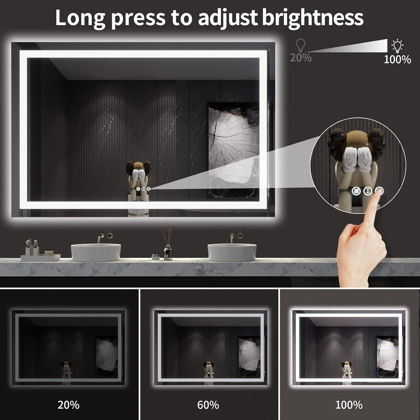 LOAAO LED Bathroom Mirror - 60x40 Inch, Dimmable & Anti-Fog, Backlit/Front Lit, Tempered Glass