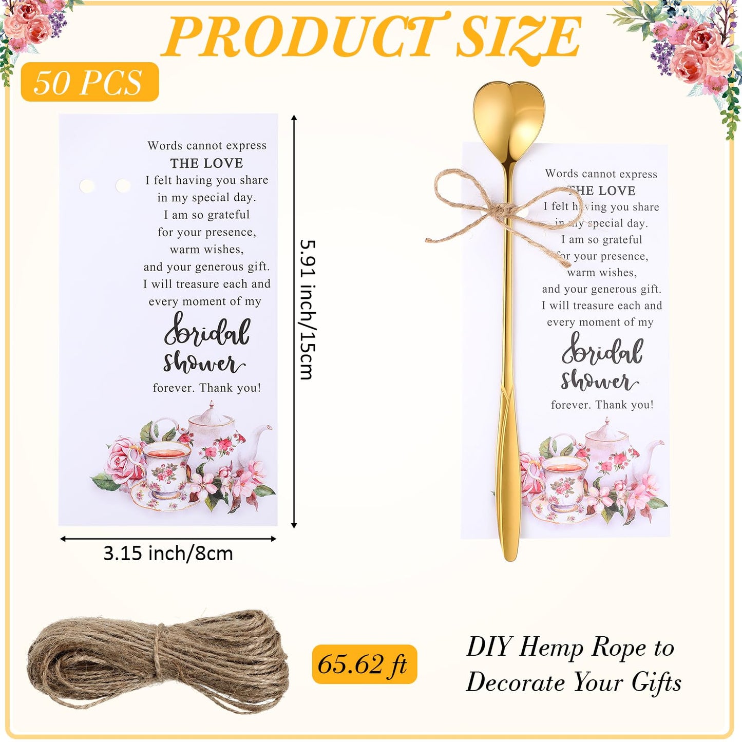 Skybooly Tea Party Bridal Shower Favors Mini Coffee Spoons Small Tea Spoons Heart Shaped Spoon with Bridal Shower Thank You Cards and Hemp Rope Wedding Souvenirs Tea Party Favor (50, Gold)