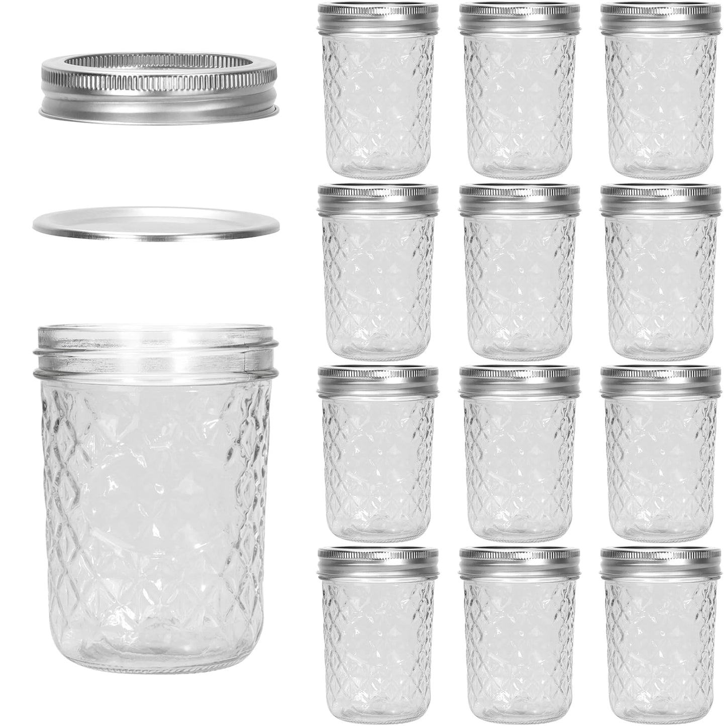 Keketin Glass Mason Jars with Lids,16 oz Wide Mouth,12 Pack Diamond Canning Jars with Airtight Lids and Bands,500ml Food Storage Containers for Preserving,Pickling,Canning