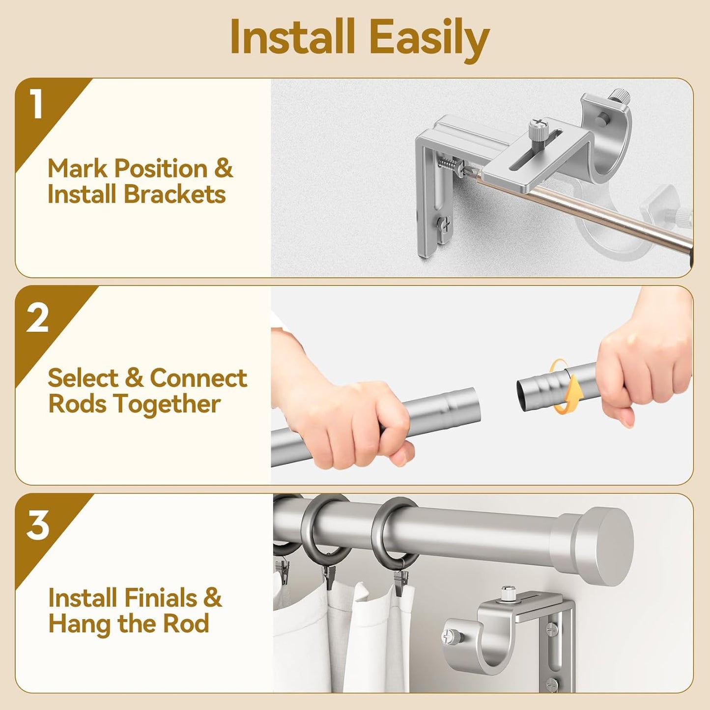 YaFex Curtain Rods - Heavy Duty 1 Inch Adjustable Window Treatment Rods | 32-144 Inch, Silver Finish