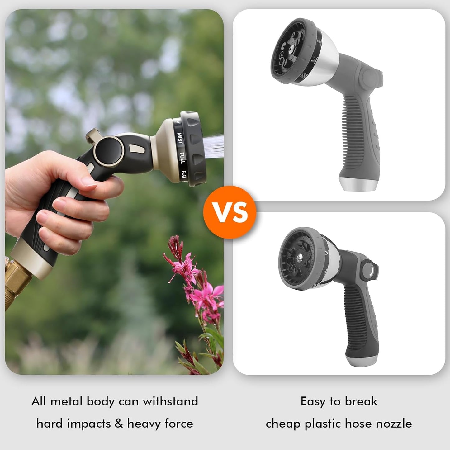 RESTMO Heavy Duty Hose Nozzle - Metal Water Sprayer with 9 Spray Patterns | High Pressure & Thumb Flow Control