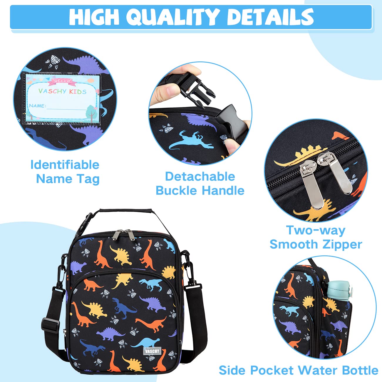 VASCHY Kids School Backpack Lunch Box Bag Pencil Case Combo, Children BookBag Schoolbag Set for Preschool/Kindergarten/Elementry School Supplies Boys Girls Black Dinosaurs