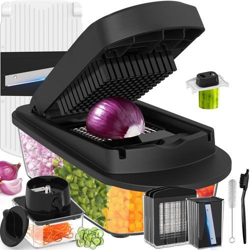 12 Blade All-in-1 Vegetable Chopper Mandoline Slicer with Container, Spiralizer with Containers, Food Chopper, Onion Chopper, Veggie Cutter for Salad, Kitchen Gadgets Accessories Essentials, Black