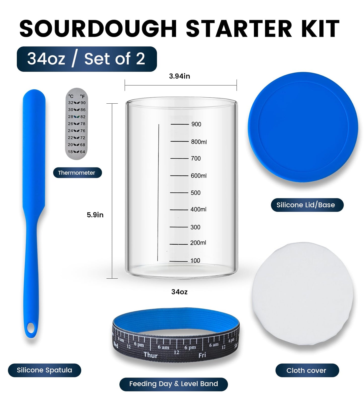 Adodeen Sourdough Starter Jar,Sourdough Starter Kit – 2 Pack 34oz Organic Sour Dough Glass Jars Wide Mouth,Fermenters Tool For Home Bakers,Bread Baking Supplies,Large Glass Container With Lid