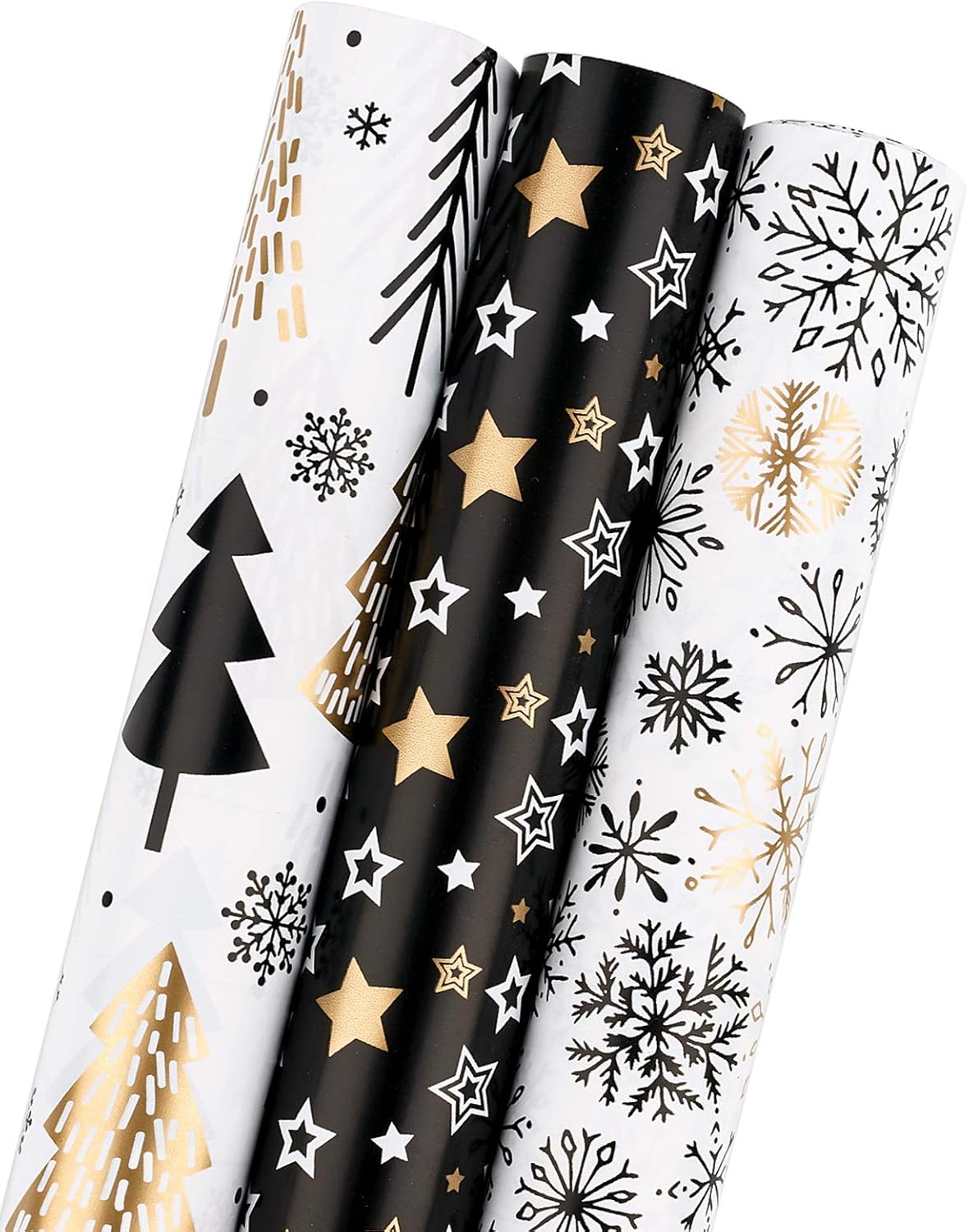 MAYPLUSS Wrapping Paper Roll - Mini 17" x 120" - 3 Elegant Black Gold Christmas Designs