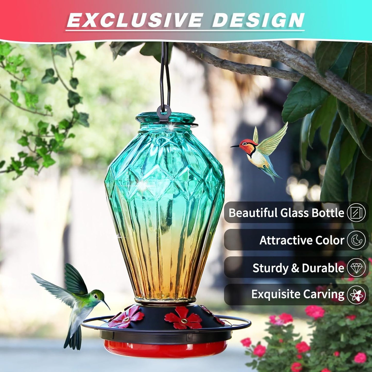 Skiennix Glass Hummingbird Feeder - 25 Oz Leak-Proof Outdoor Nectar Feeder with 5 Flower Ports | Diamond Green