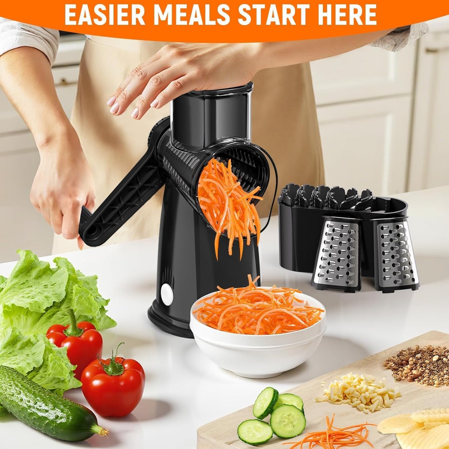 Skiennix 5-Blade Rotary Cheese Grater - Hand Crank Vegetable Chopper & Slicer with Suction Base (Black)