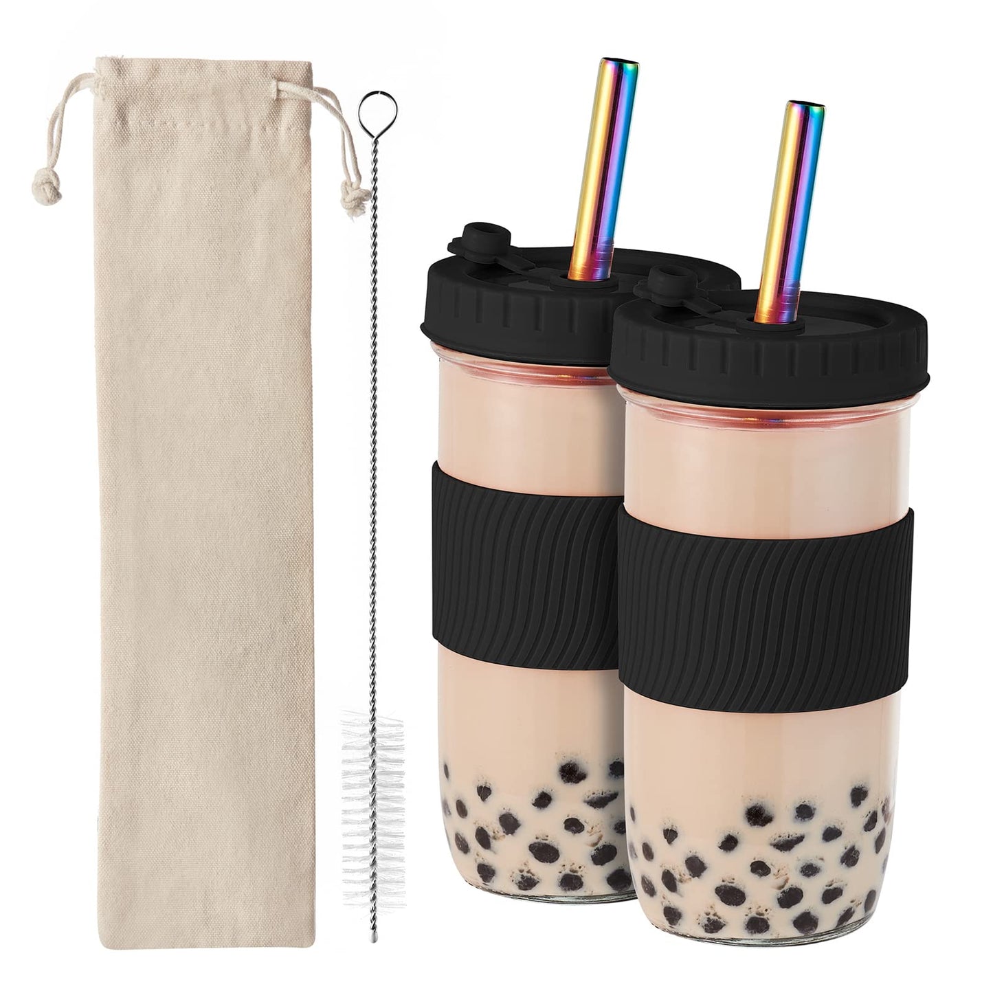 Amyoole 2 Pack Reusable Boba Cup, 24Oz Wide Mouth Smoothie Cup,mason Jar Glass Cups with Lids and Straws,Bubble/Boba Tea Cups,Ice Coffee Tumbler 2 colored straws 1 sponge brush(Pink)