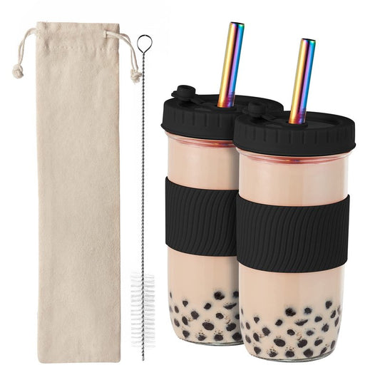 Amyoole 2 Pack Reusable Boba Cup, 24Oz Wide Mouth Smoothie Cup,mason Jar Glass Cups with Lids and Straws,Bubble/Boba Tea Cups,Ice Coffee Tumbler 2 colored straws 1 sponge brush(Pink)