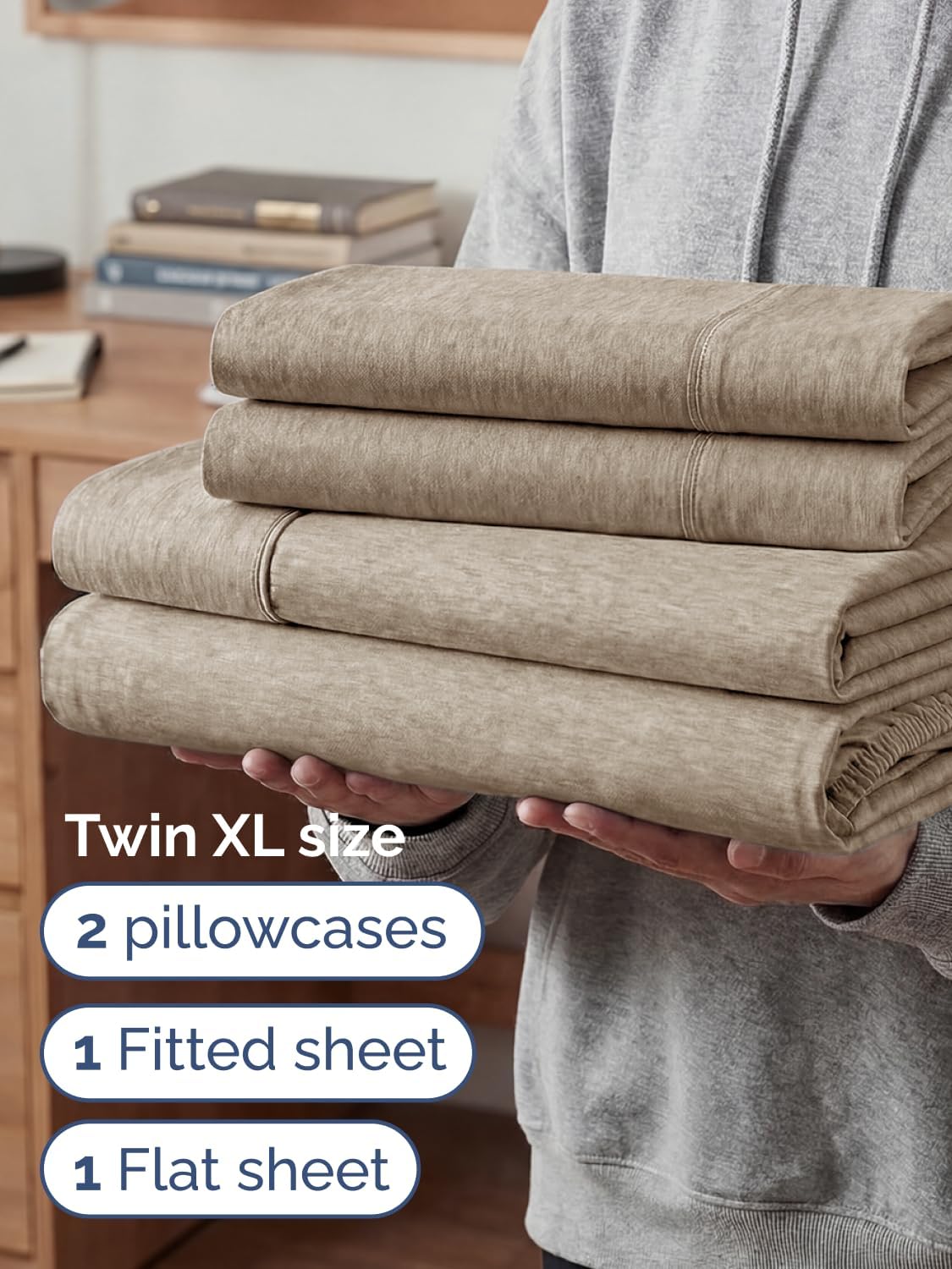 Skiennix Extra Deep Twin XL Sheet Set | 4-Piece Breathable Cooling Bedding - Soft, Wrinkle-Free, Heathered Beige