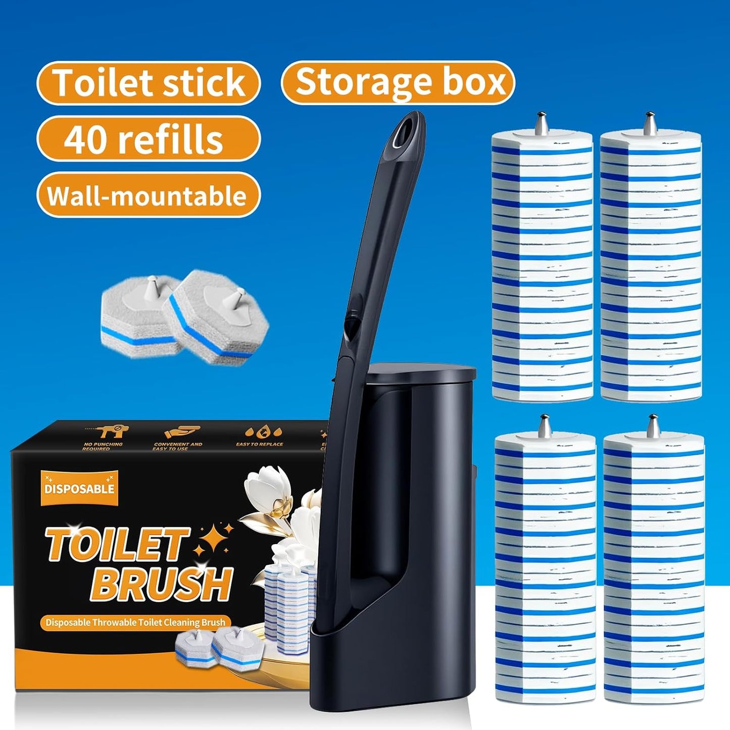 Skiennix Disposable Toilet Brush - Hygienic Toilet Bowl Cleaner with Holder | 40 Refills Included