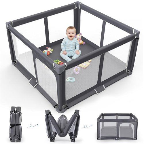 Foldable Baby Playpen - 50"x50" Portable Safety Play Yard for Babies & Toddlers - Indoor/Outdoor Use, Dark Gray