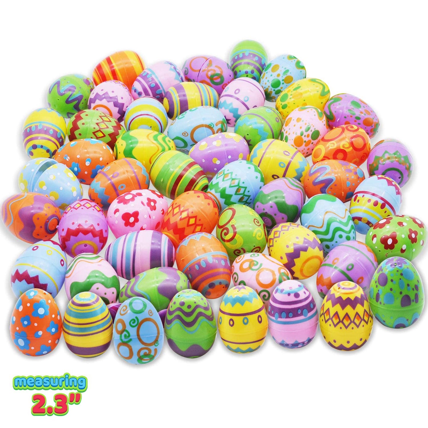JOYIN 48 Pcs Plastic Printed Bright Easter Eggs 2.3" Tall for Easter Hunt, Basket Stuffers Fillers, Classroom Prize Supplies, Filling Treats and Party Favor