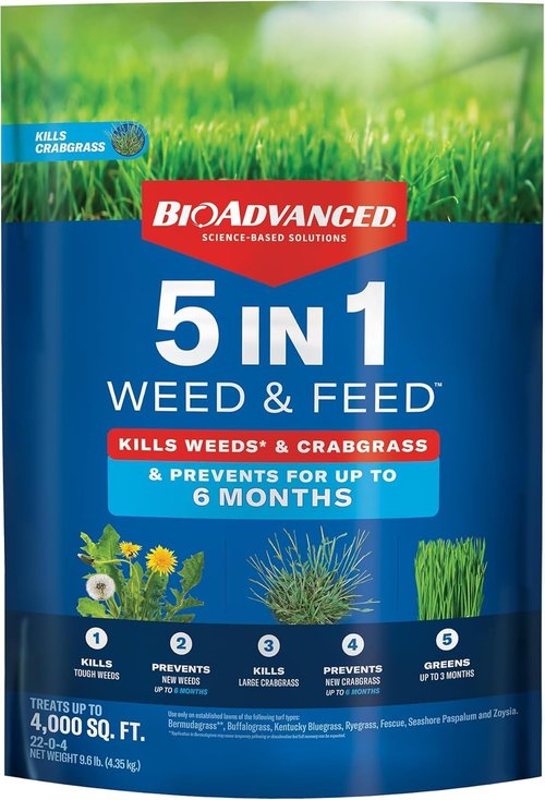 BioAdvanced 5-in-1 Weed and Feed Granules - Kills Weeds & Crabgrass - Nourishes Lawn - 9.6 lb Bag Treats 4,000 Sq Ft