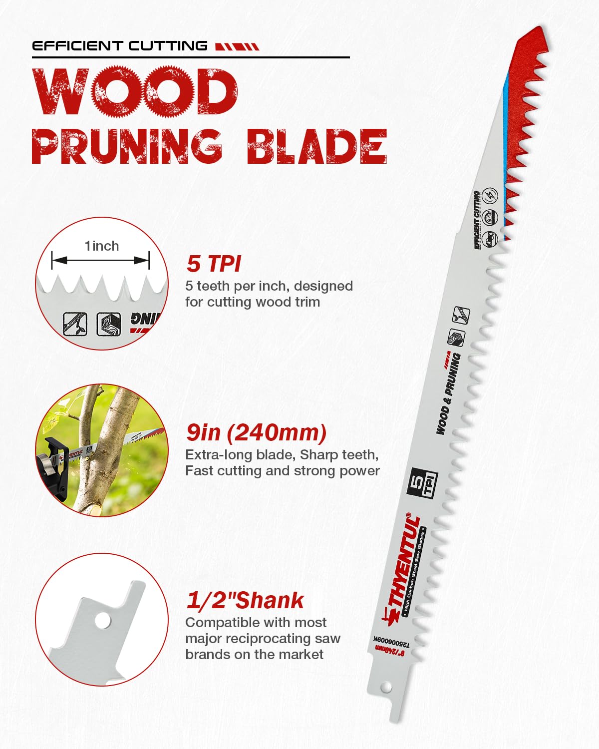 Wood Pruning Reciprocating Saw Blades - Durable High Carbon Steel for Fast Tree Cutting | 9 Inch, 5 Pack