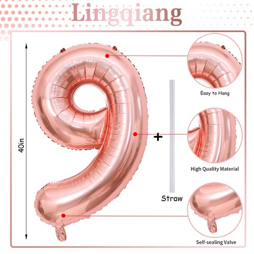 40 Inch Rose Gold Large Numbers Balloons 0-9, Self Inflating Foil Number 9 Helium Balloons for 9th Girls, Big Digit 9 Balloons for Women Birthday Party Anniversary Graduation Supplies Decorations