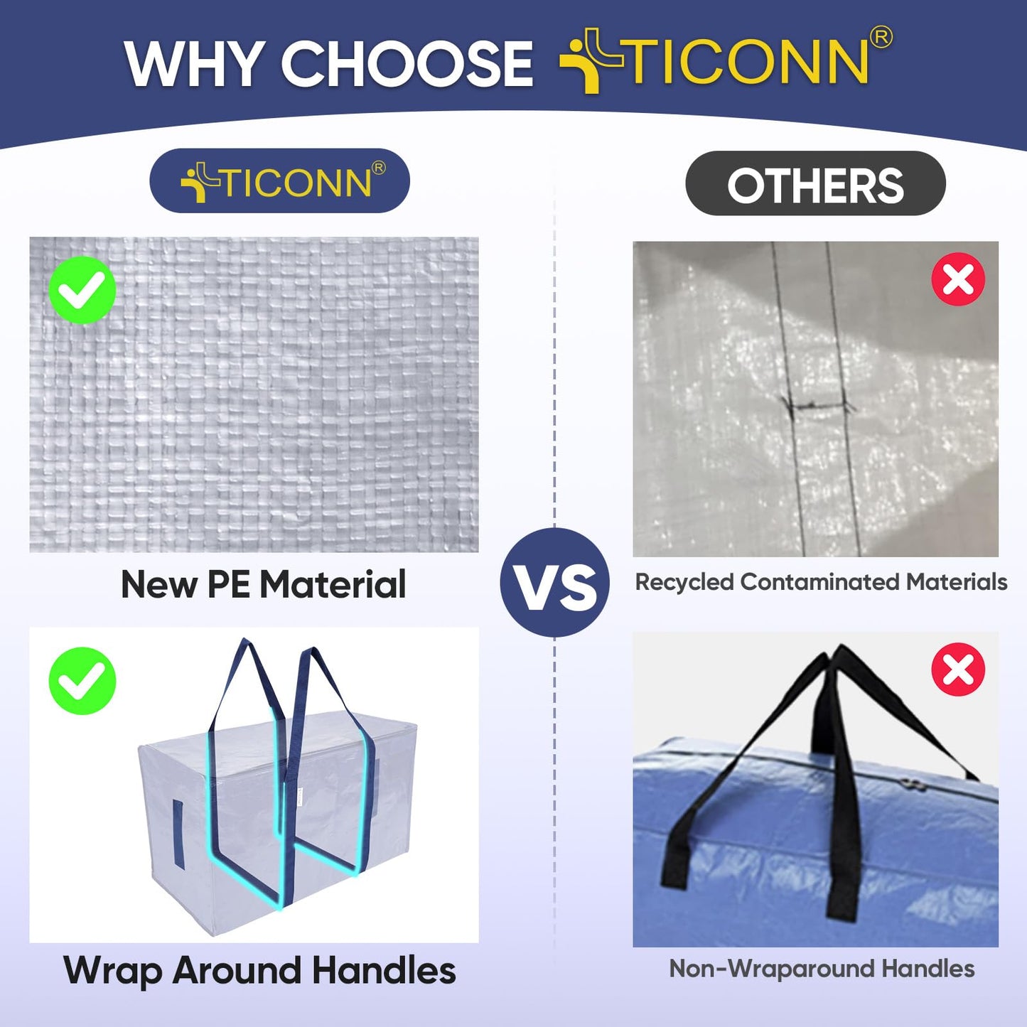 TICONN 2 Pack Extra Large Moving Bags Heavy Duty with Zippers & Carrying Handles, Durable Storage Bags Moving Boxes for Closet Organizers and Storage (2 Pack, Navy)