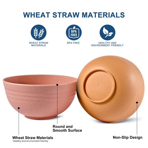 HOTEC BPA Free Unbreakable Wheat Straw Cereal Bowls - Microwave & Dishwasher Safe Soup and Salad Bowls, Set of 8, 26oz, Multicolor