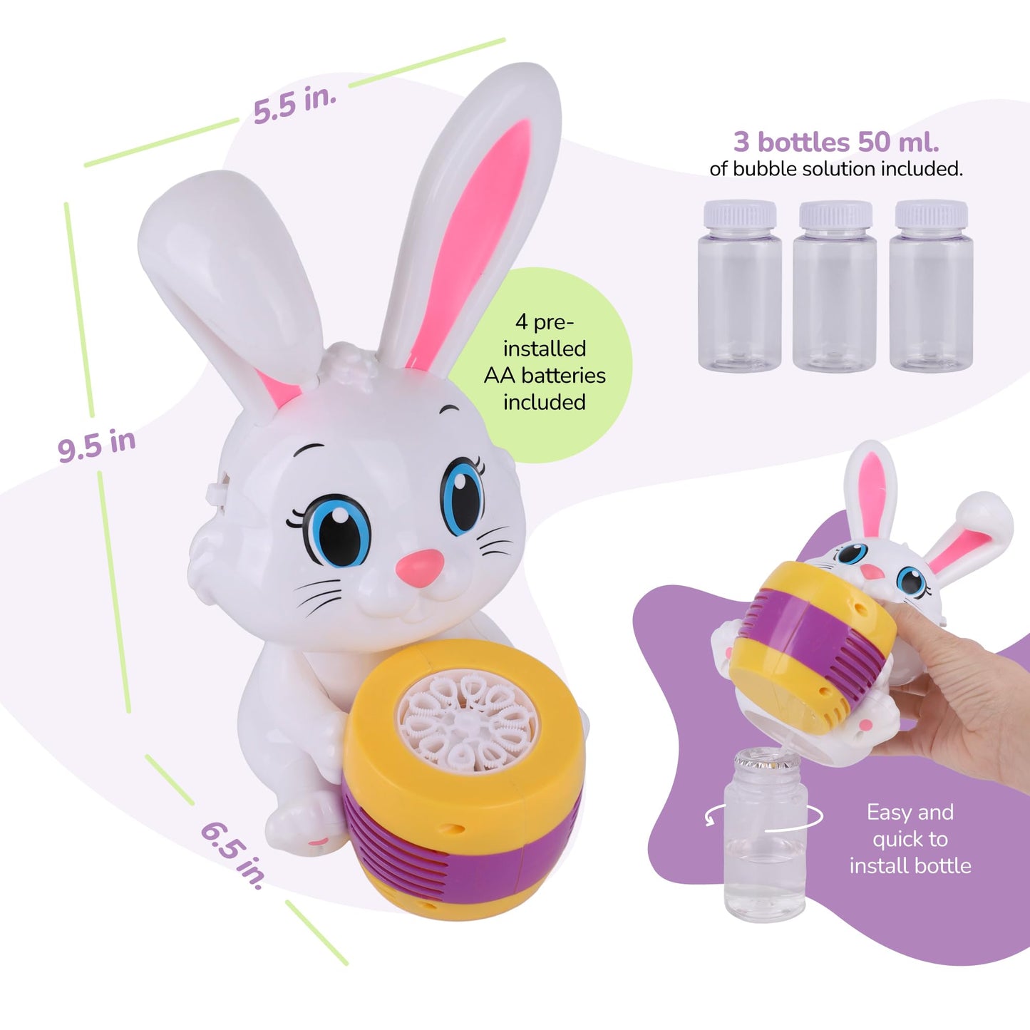 ArtCreativity Bunny Bubble Machine for Toddlers - Bunny Rabbit Bubble Blower Machine Toy for Kids with Refill Solutions, Music, & Batteries - Animal Party Favors and Activities for Girls and Boys
