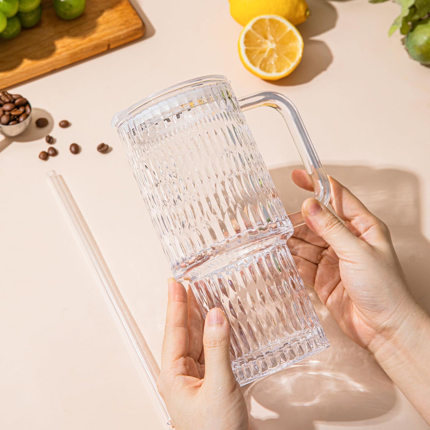 SoulTimes 26oz Raindrop Glass Tumbler with Handle - Set of 2, Reusable Iced Coffee Cup, Glass Cup with Lid and Straw for Smoothies, Juice, Coffee, Tea, Milk & More