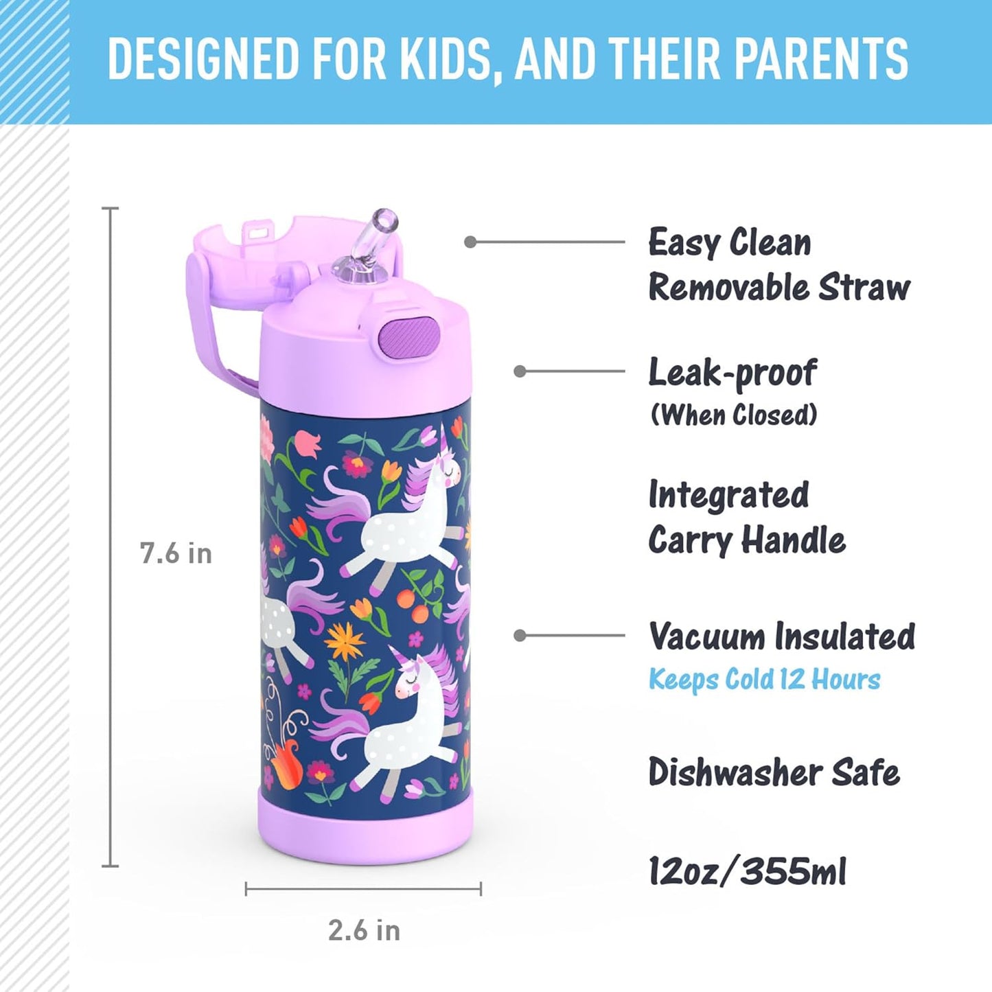 THERMOS FUNTAINER Water Bottle - 12 Ounce Kids Stainless Steel Vacuum Insulated with Straw | Unicorn Blooms