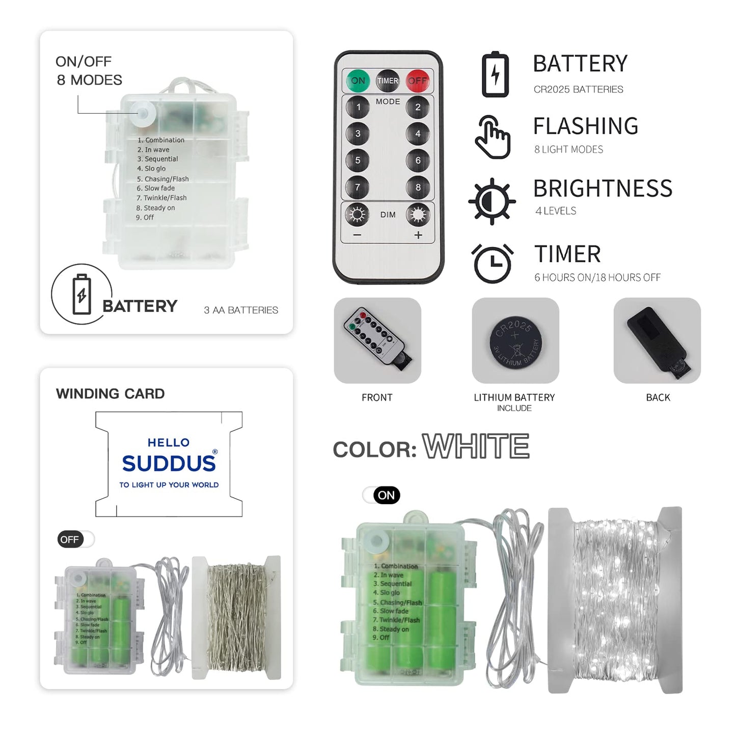 suddus 66ft 200 LED Outdoor String Lights, White Fairy Lights Battery Operated with Remote, Led Twinkle Lights for Bedroom, Wreath, Patio, Tapestry, Backyard, Garden, Christmas, Party, Indoor