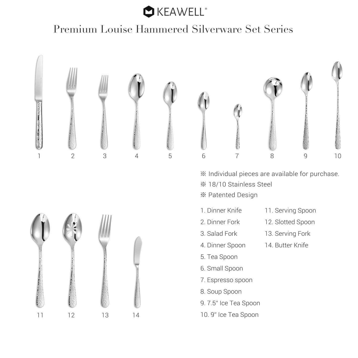 KEAWELL Premium 4-Piece Louise Hammered Fork Set, 18/10 Stainless Steel, Fine Fork Set with Round Edge, Brightly-Mirror polished, Dishwasher Safe. (4, 7.28" Salad Forks)