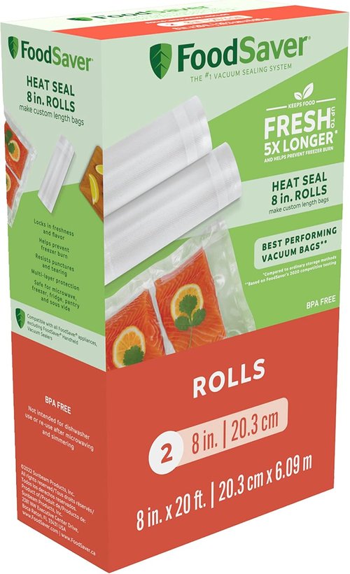 FoodSaver Vacuum Sealer Bags - Custom Fit Airtight Food Storage Rolls, 8" x 20' (Pack of 2)