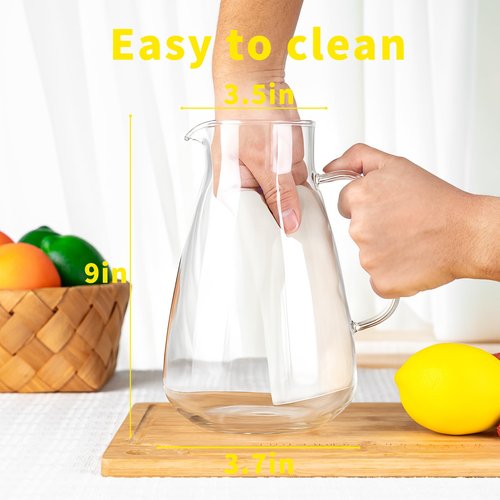 FrutPunch 2 Liter 68 oz Glass Pitcher with Lid, Modern Design, Transparent, Leakproof, Wide Mouth, With Handle