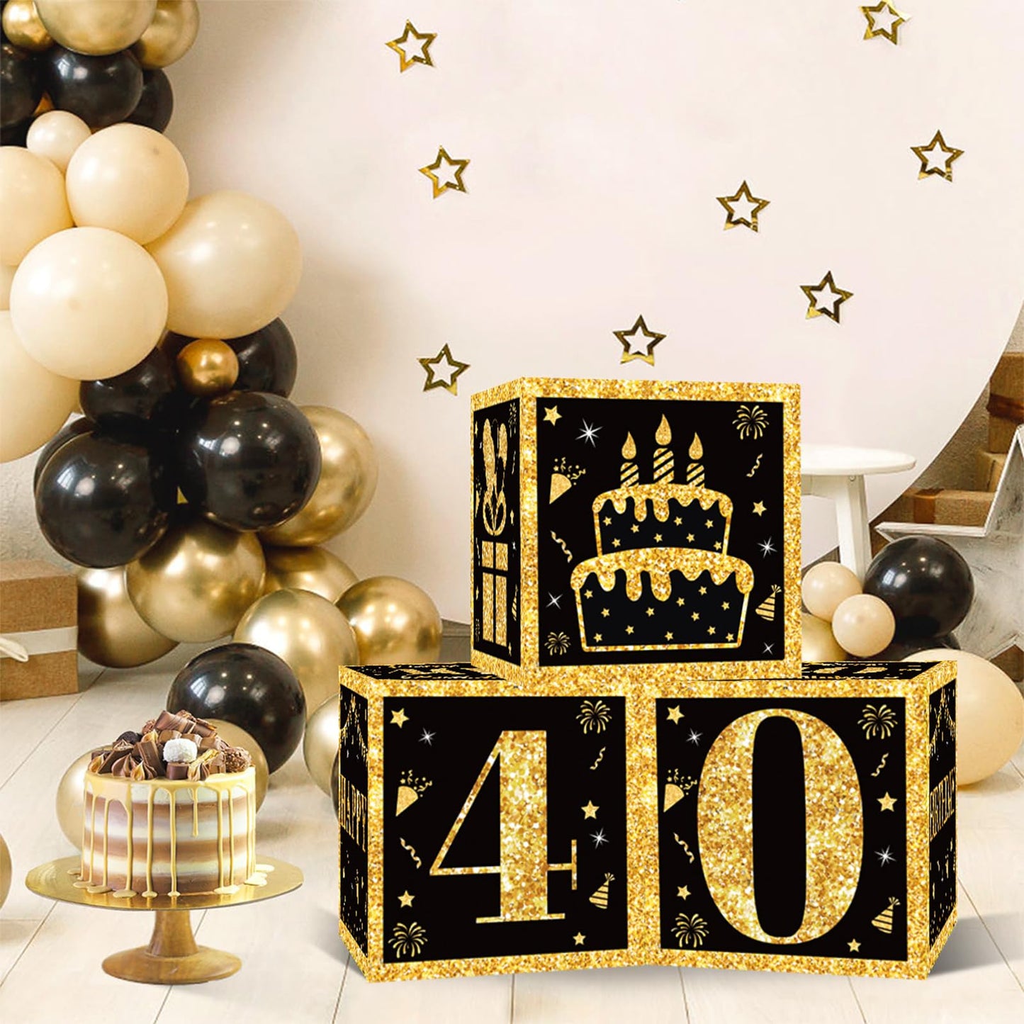 40th Birthday Decorations Boxes for Men- 3PCS Black Gold Happy 40th Birthday Balloons Boxes, 40 Year Old Party Supplies for Men Women