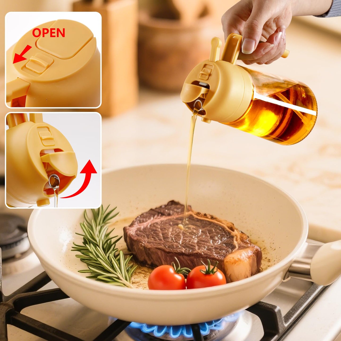 SWEET VIEW Oil Sprayer for Cooking, 16oz/470ml 2 In 1 Glass Olive Oil Sprayr & pourer for Kitchen, Air Fryer, Cooking, Salad, BBQ (Yellow)