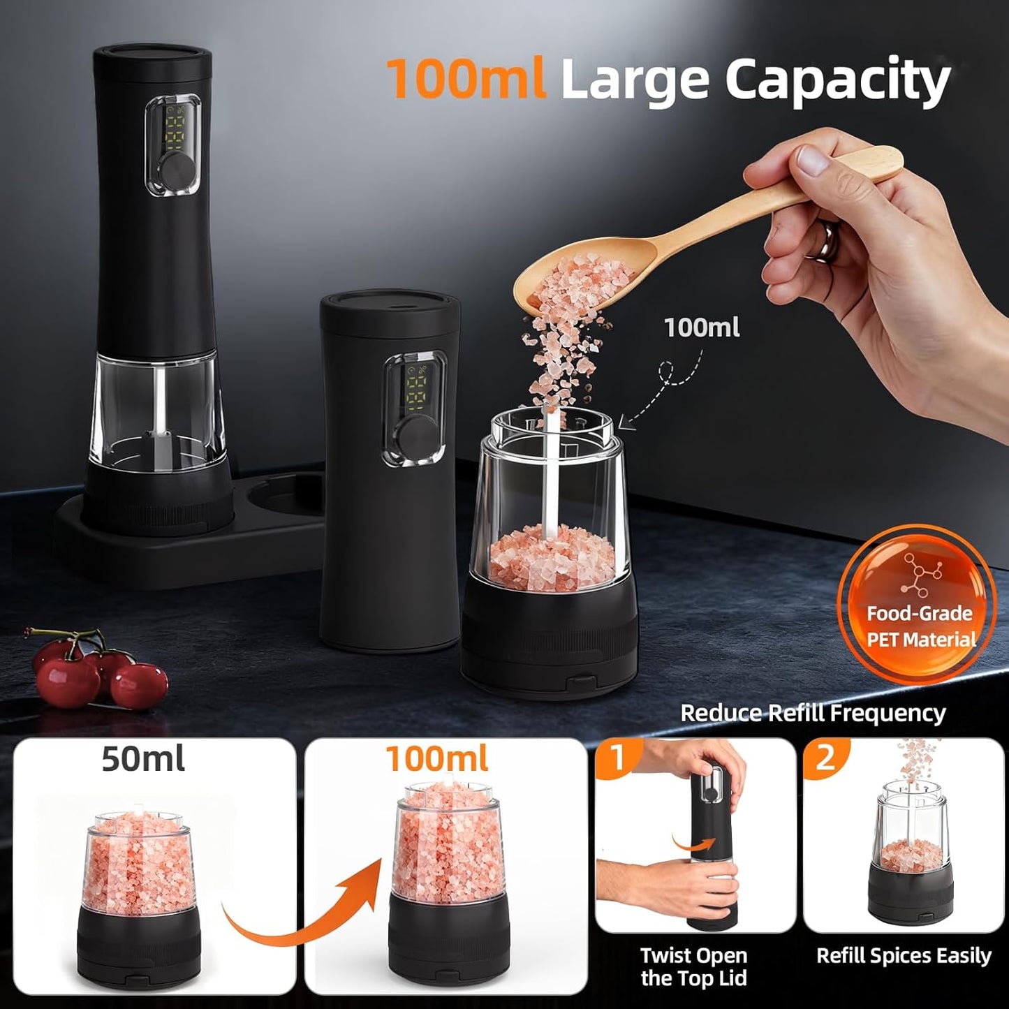 Skiennix Electric Salt and Pepper Grinder Set - Rechargeable Automatic Mill with LED Display & Adjustable Coarseness | 2-Pack, Black