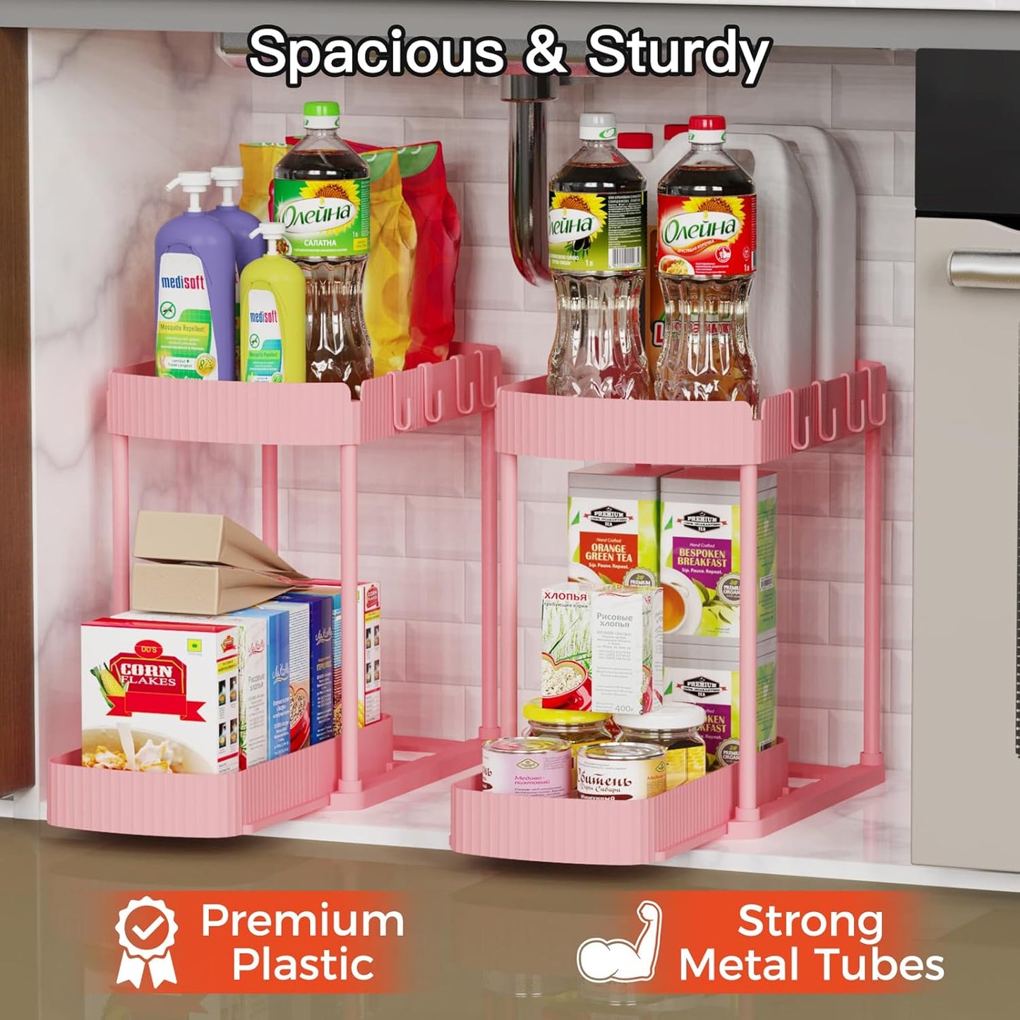 Ukeetap Multi-Purpose Pull-Out Storage Organizers - 12.8 Inch Pink Under Sink & Cabinet Solution