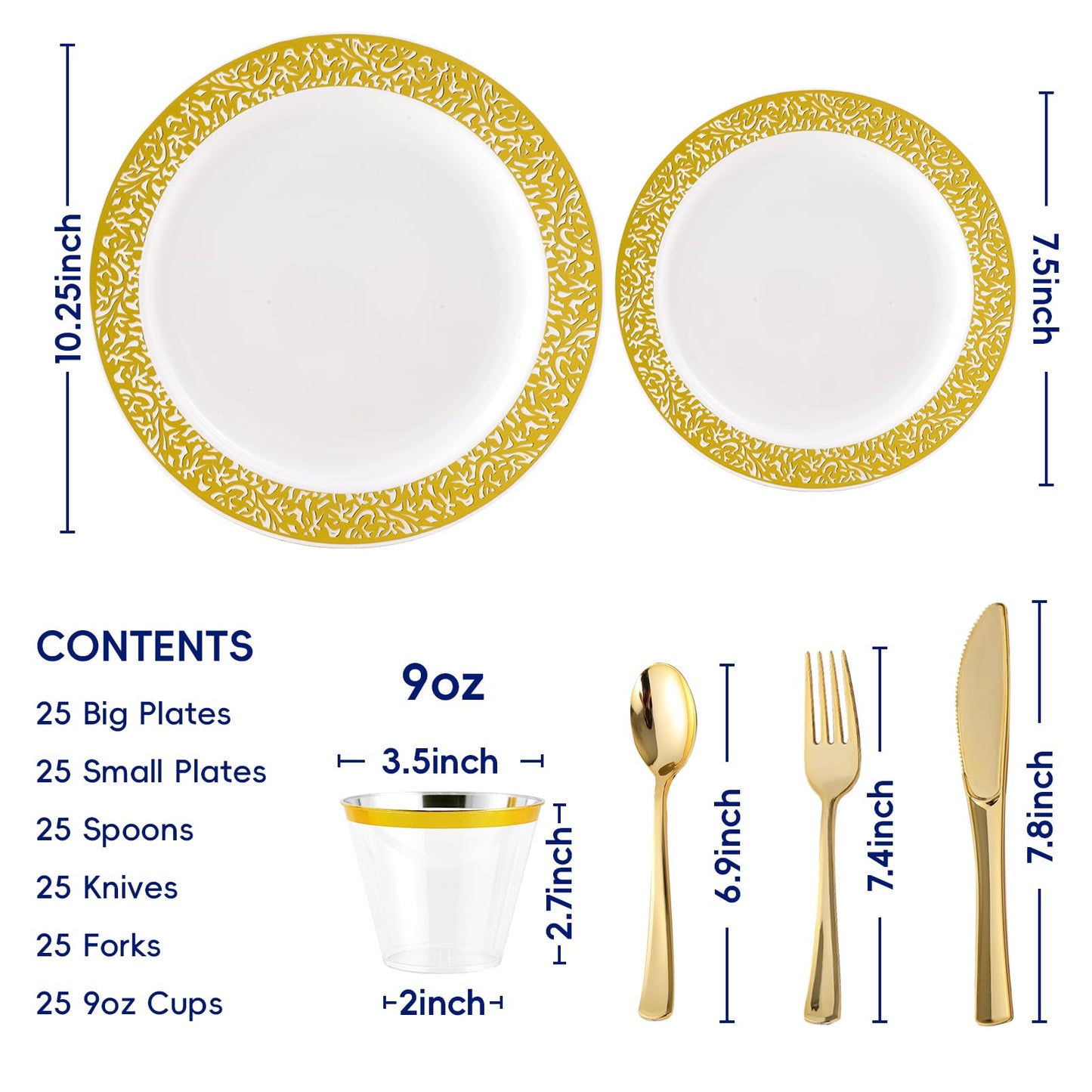 150 Count Gold Plastic Dinnerware Set, Elegant Disposable Include: 25 Gold Lace Plastic Plates, 25 Dessert Plates, 25 Forks, 25 Knives, 25 Spoons, 25 Cup, Ideal for Party, Birthday and Thanksgiving