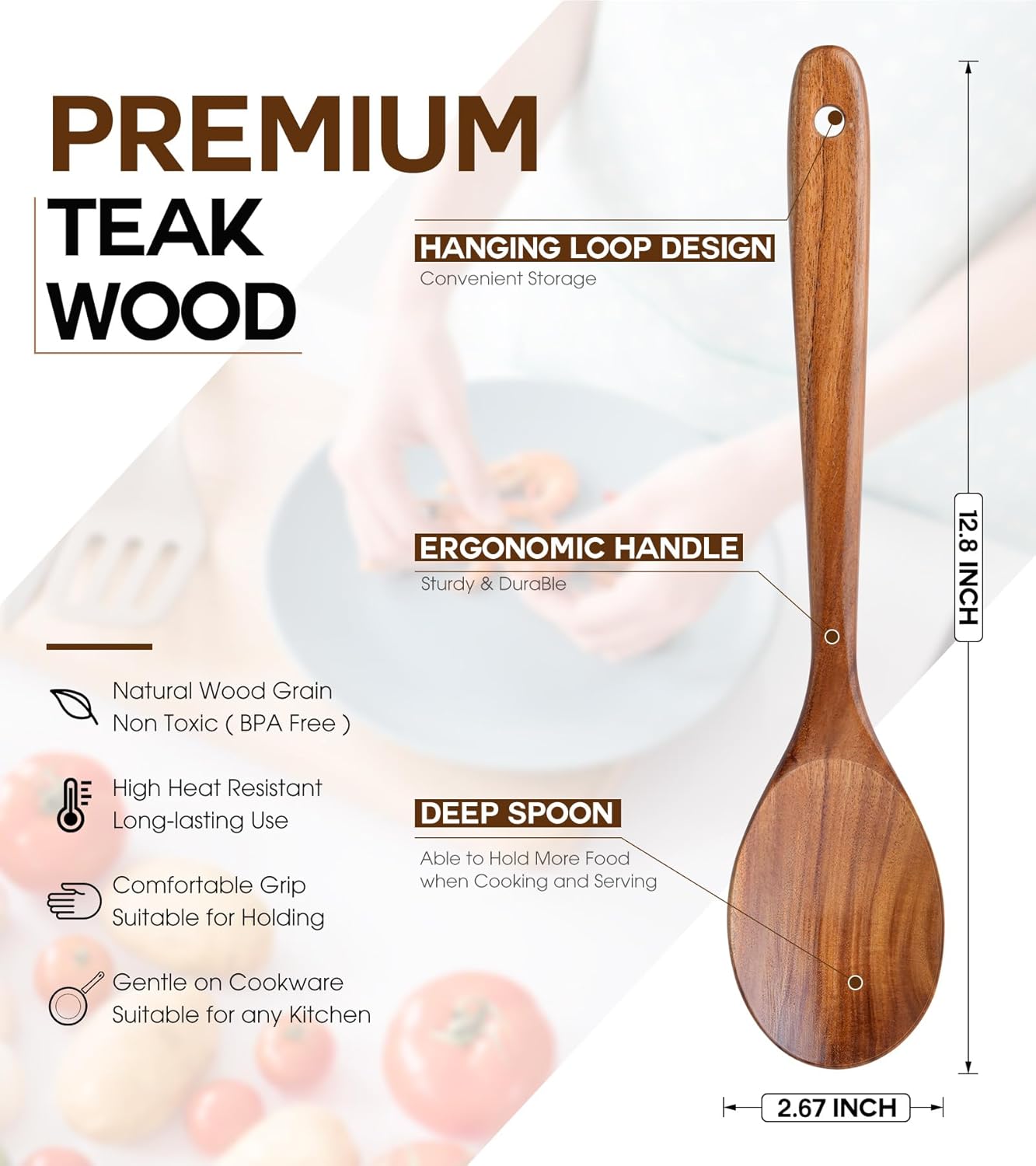 Skiennix Wooden Cooking Spoons - Premium Teak Utensils with Good Grip | Heat Resistant & Nonstick Safe