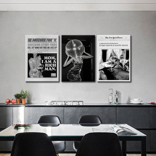 Disco Ball Tequila Fashion Poster Prints | Black and White Canvas Wall Art Set of 3 - Framed 12x16'' for Home Decor
