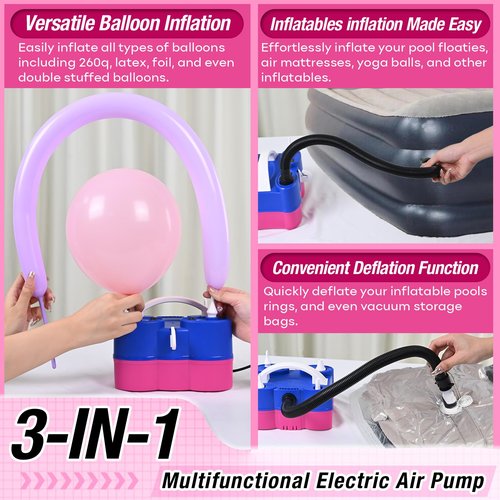 Balloon Pump Electric, Multifunctional Air Pump for Latex 260q Foil Balloons, Dual Nozzle Balloon Blower Machine for Birthday Party Decoration, 110V AC Inflator Deflator for Inflatables Pool Floats