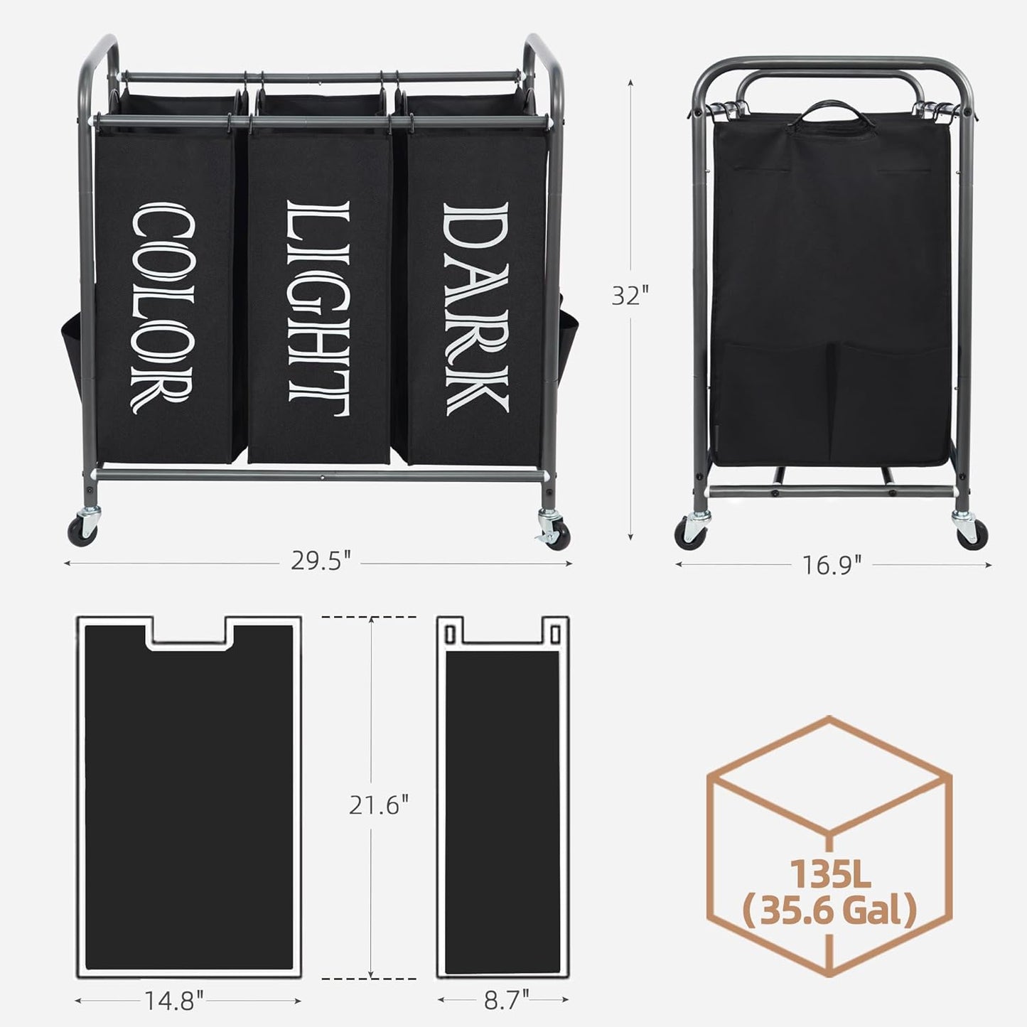 Storage Maniac 3-Section Laundry Sorter - 35.9 Gal Rolling Hamper Cart with Lockable Wheels & Removable Bag - Black