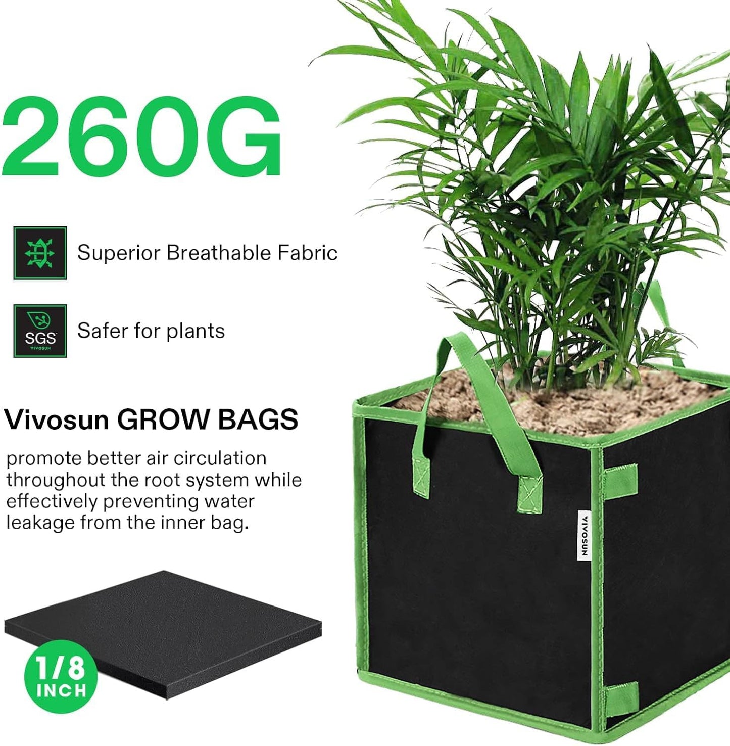 VIVOSUN 3 Gallon Square Grow Bags - Durable Nonwoven Fabric Pots with Handles for Gardening | 5 Pack